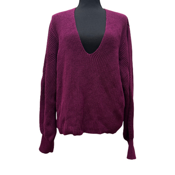 LA LIGNE NEW YORK Magenta V-Neck Cotton Sweater XL Oversized Pullover Rib Knit - Picture 6 of 7
